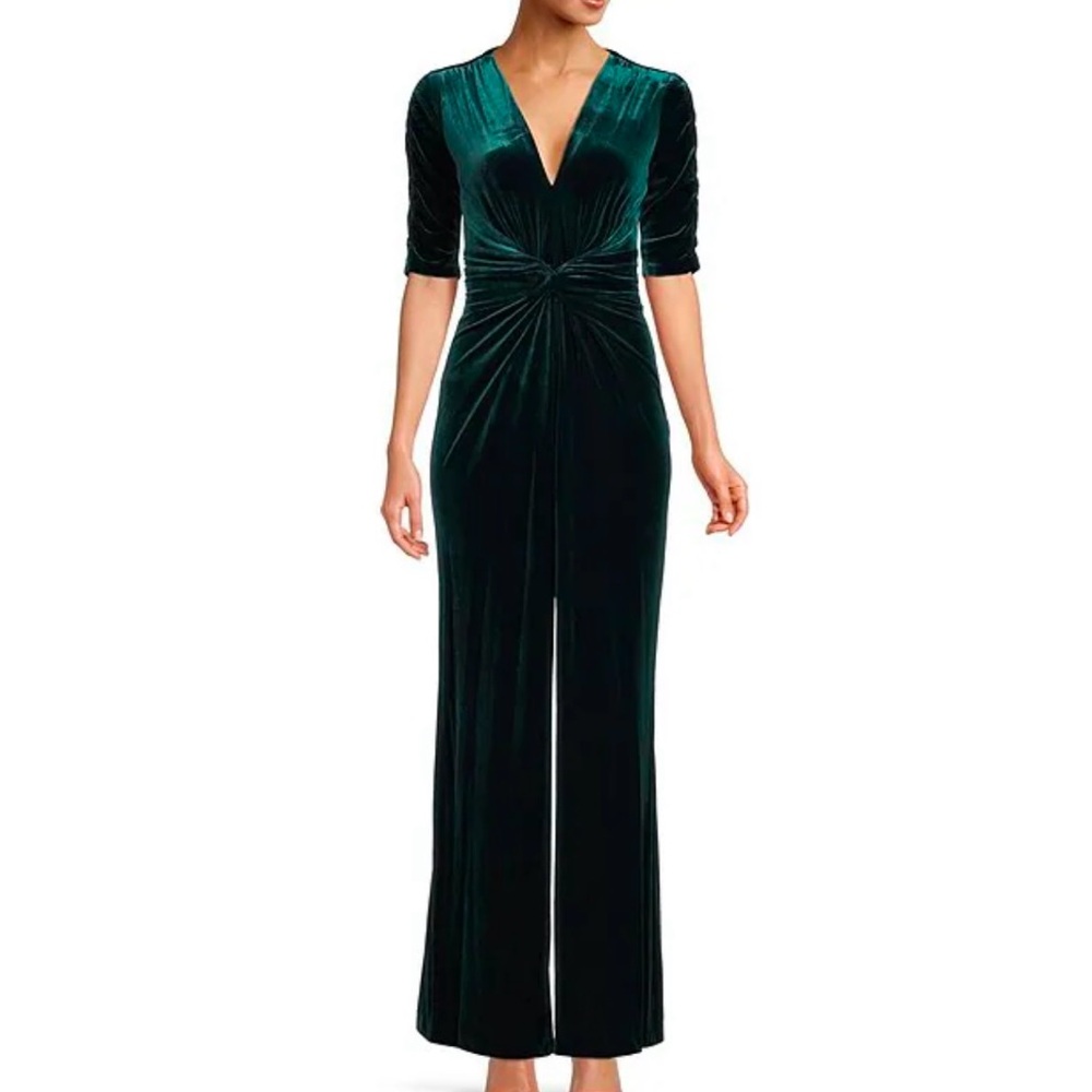 Vince Camuto Short Sleeve V-Neck Velvet Twist Wide Leg Jumpsuit